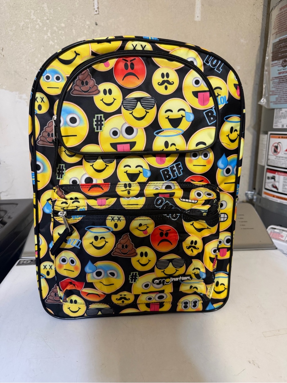 Emoji Print Yellow & Black Backpack with Multiple Pockets - Men Bags